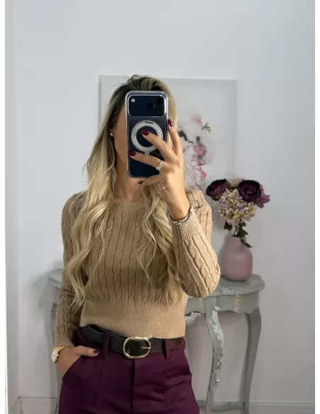 Jersey trenzado cuello a la caja camel