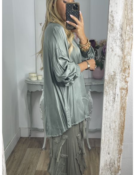 Camisa satinada cuello mao verde