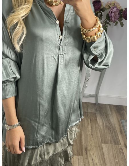 Camisa satinada cuello mao verde