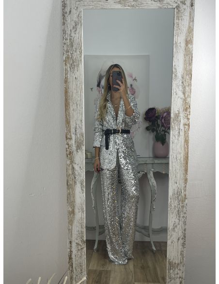 Pantalón Palazzo plateado de lentejuelas