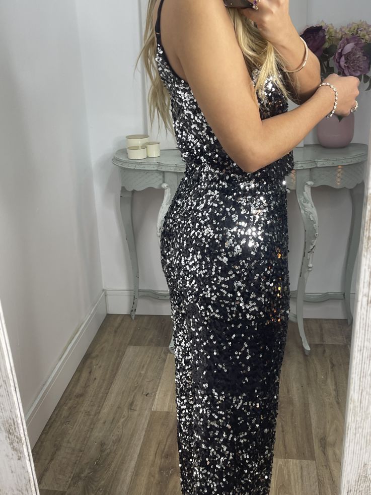 Pantalón Palazzo negro con plateado de lentejuelas