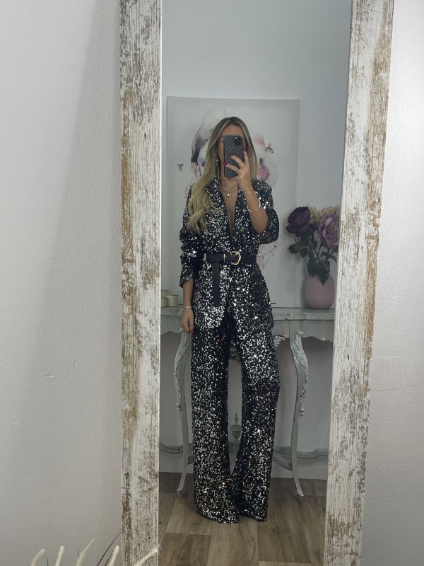 Pantalón Palazzo negro con plateado de lentejuelas