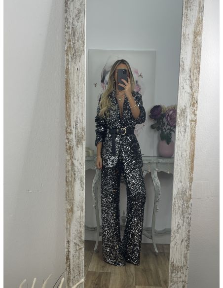 Pantalón Palazzo negro con plateado de lentejuelas