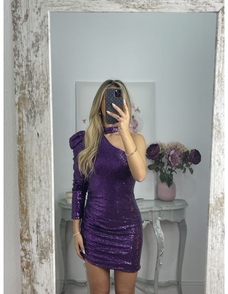 Vestido morado lentejuelas asimétrico