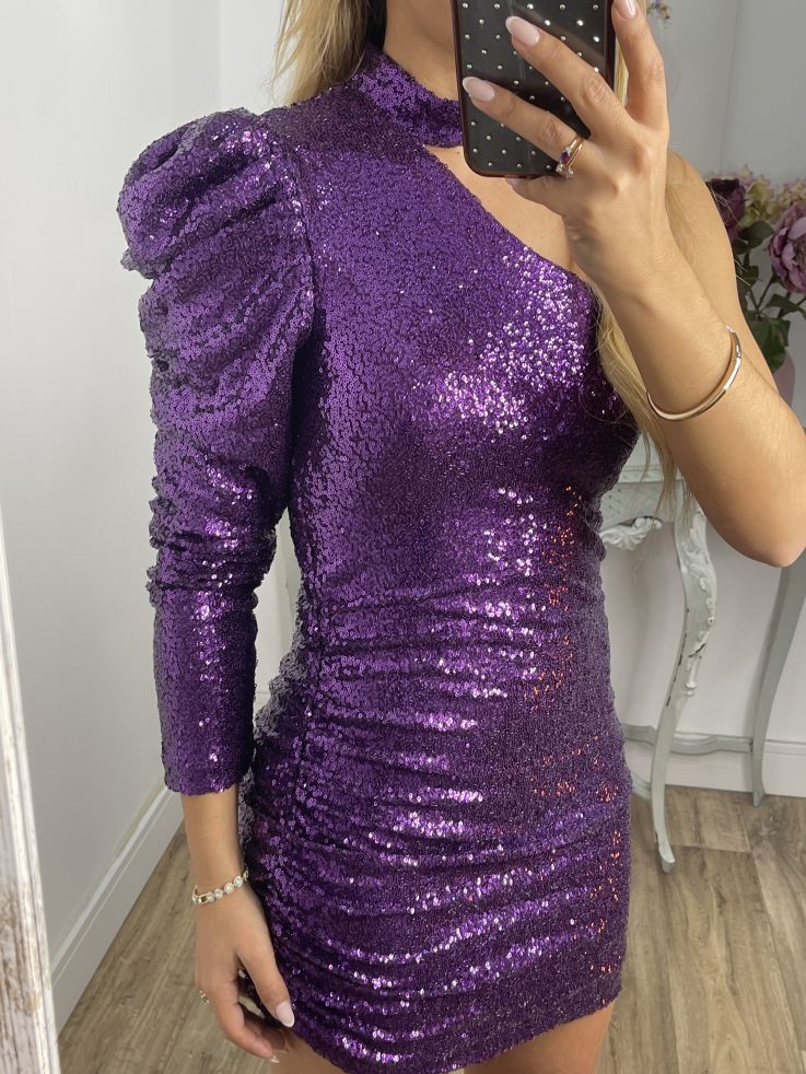 Vestido morado lentejuelas asimétrico