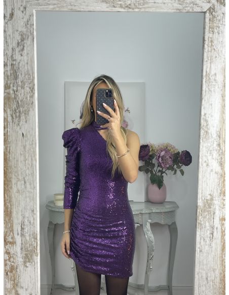 Vestido morado lentejuelas asimétrico