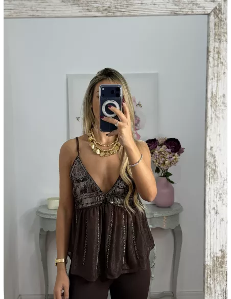 Top lentejuelas y brillos marrón