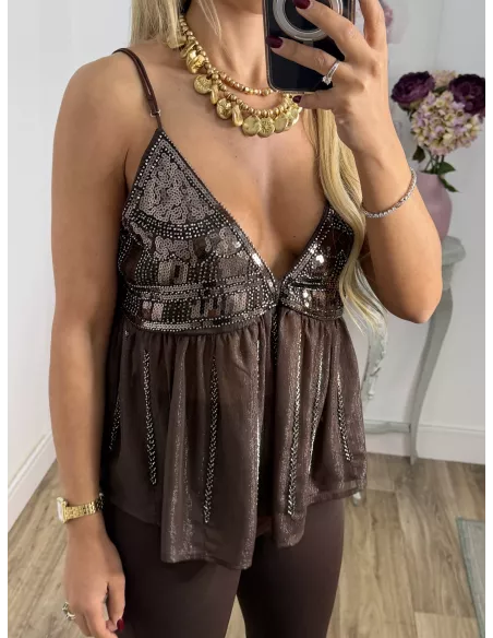 Top lentejuelas y brillos marrón