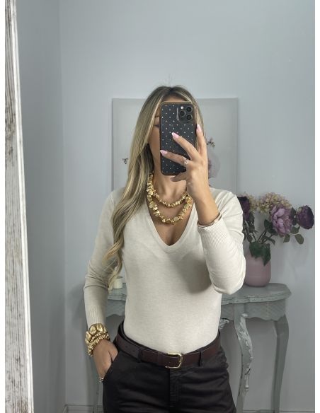 Jersey básico cuello de pico beige
