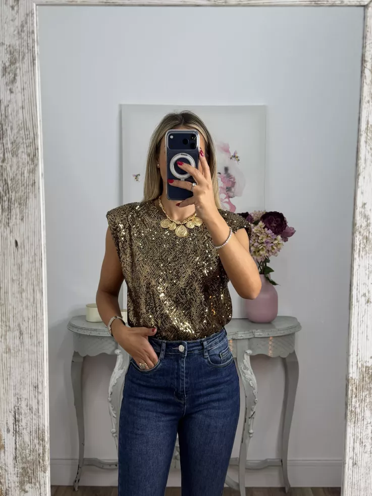 Camiseta Hombreras trendy lentejuelas dorada