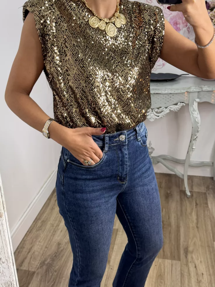 Camiseta Hombreras trendy lentejuelas dorada