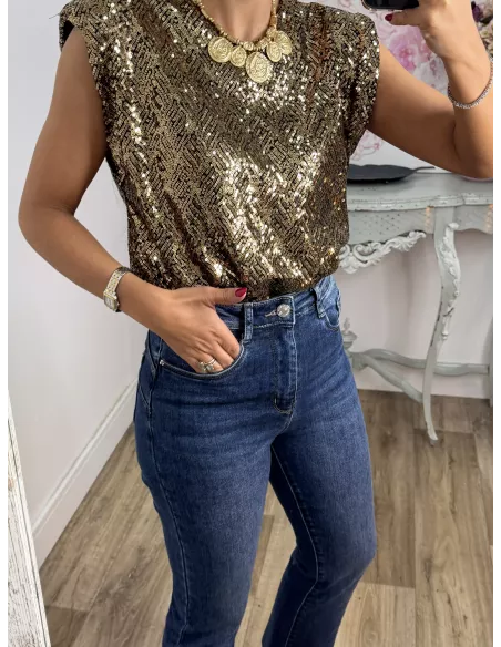 Camiseta Hombreras trendy lentejuelas dorada