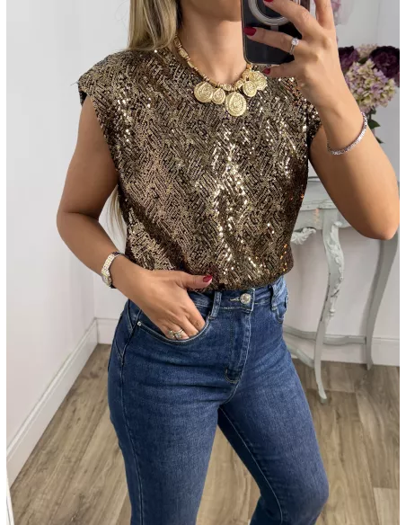 Camiseta Hombreras trendy lentejuelas dorada