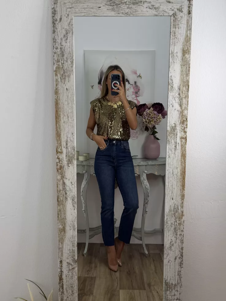 Camiseta Hombreras trendy lentejuelas dorada