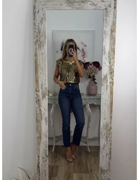 Camiseta Hombreras trendy lentejuelas dorada