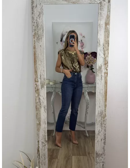 Camiseta Hombreras trendy lentejuelas dorada