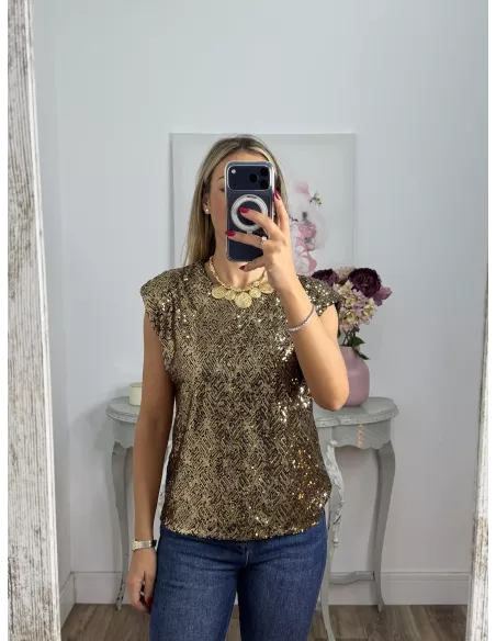 Camiseta Hombreras trendy lentejuelas dorada