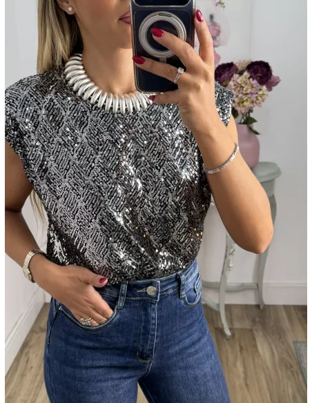 Camiseta Hombreras trendy lentejuelas plateada