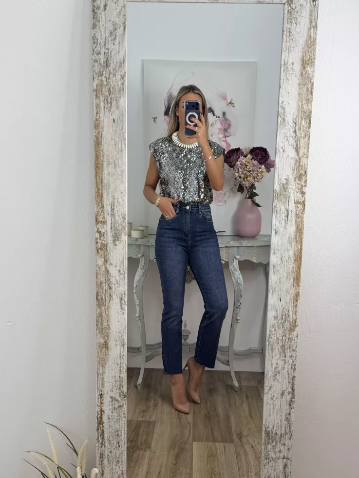 Camiseta Hombreras trendy lentejuelas plateada