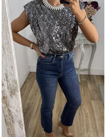 Camiseta Hombreras trendy lentejuelas plateada