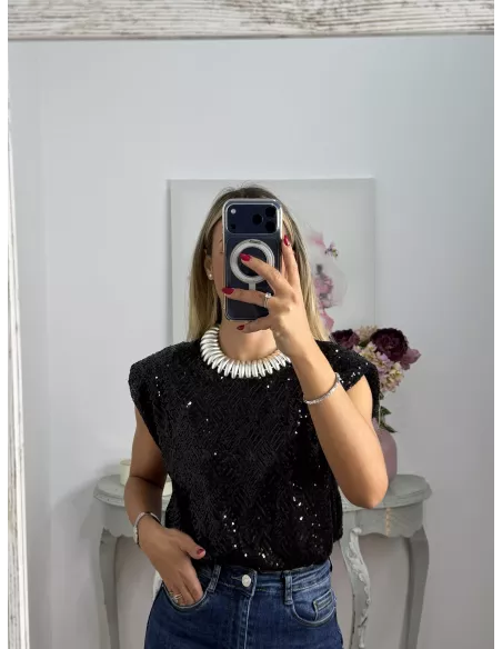 Camiseta Hombreras trendy lentejuelas negra