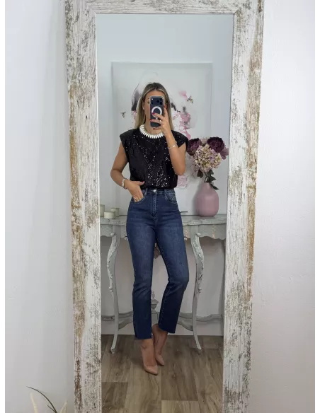 Camiseta Hombreras trendy lentejuelas negra