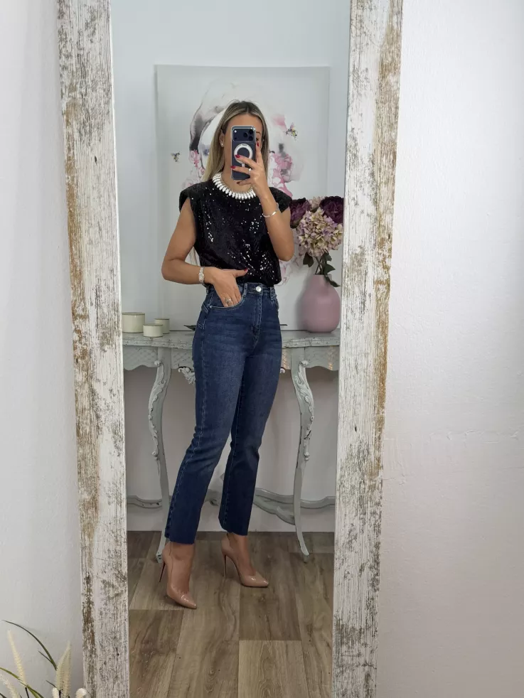 Camiseta Hombreras trendy lentejuelas negra