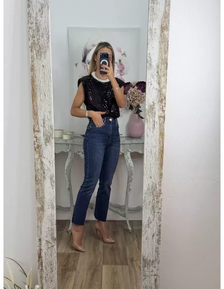 Camiseta Hombreras trendy lentejuelas negra