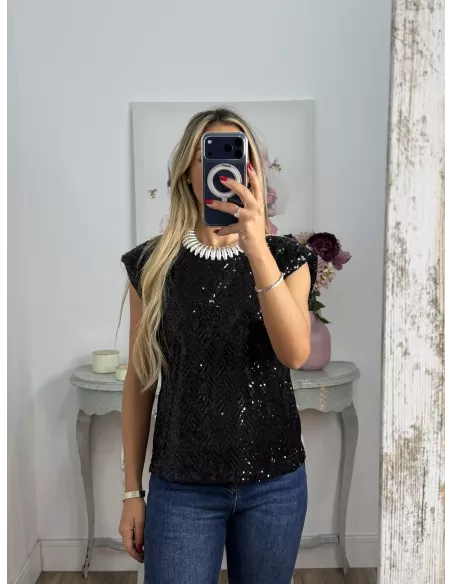Camiseta Hombreras trendy lentejuelas negra