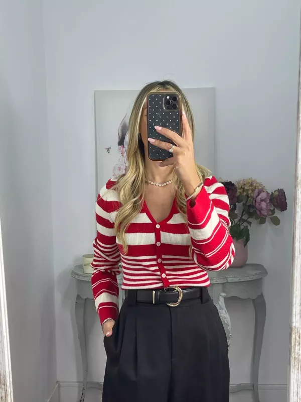 Rebeca abotonada de rayas negra y beige