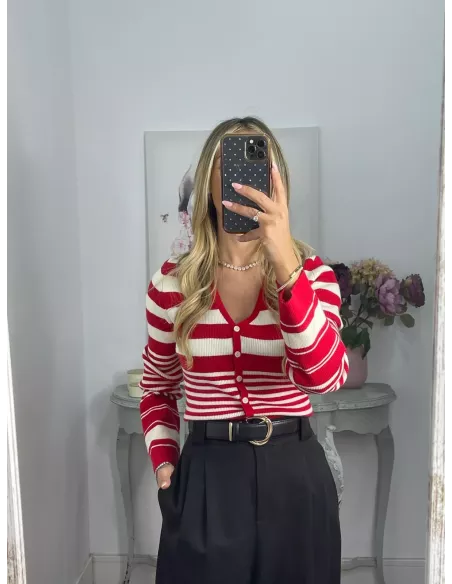 Rebeca abotonada de rayas negra y beige