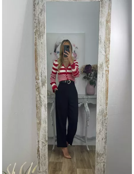 Rebeca abotonada de rayas negra y beige