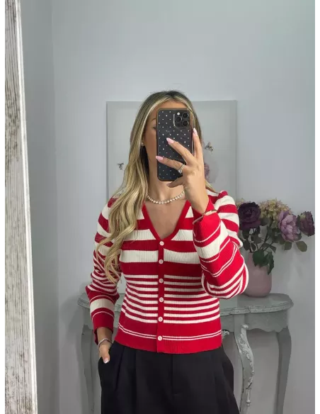 Rebeca abotonada de rayas negra y beige