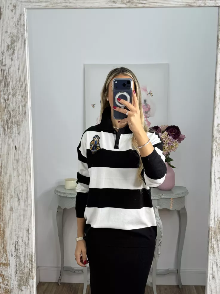 Jersey tipo polo rayas negro y blanca