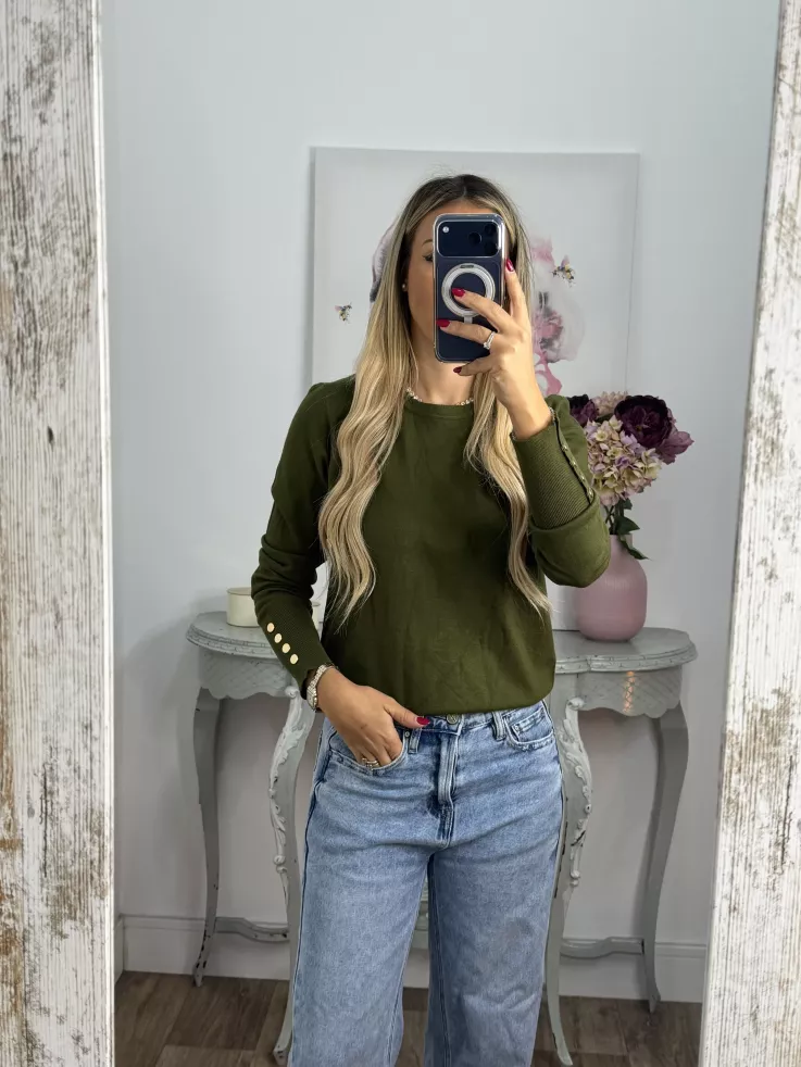 Jersey verde kaki basic con botones en el puño