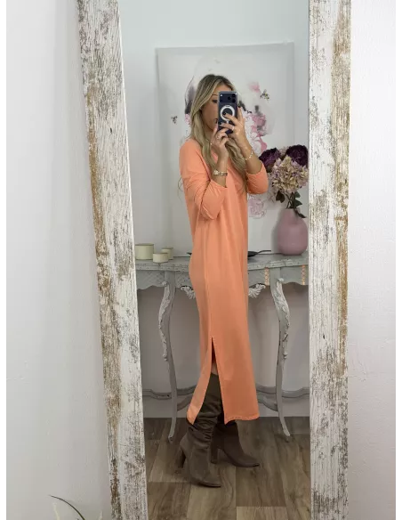 Vestido Adelaida cuello pico salmon