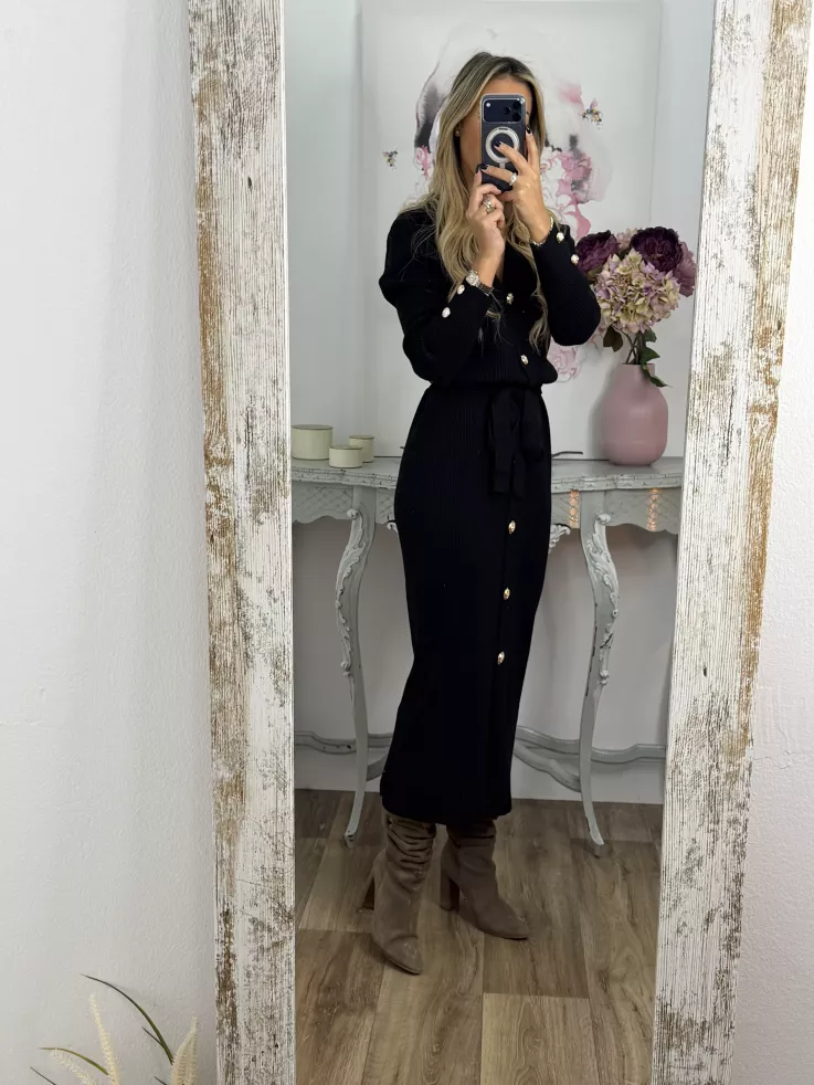Vestido punto negro largo botones