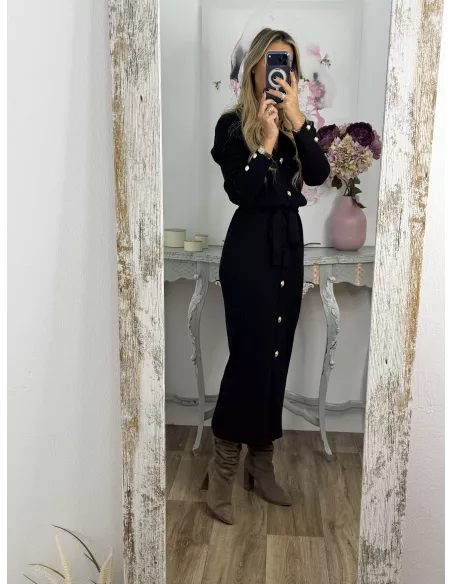 Vestido punto negro largo botones