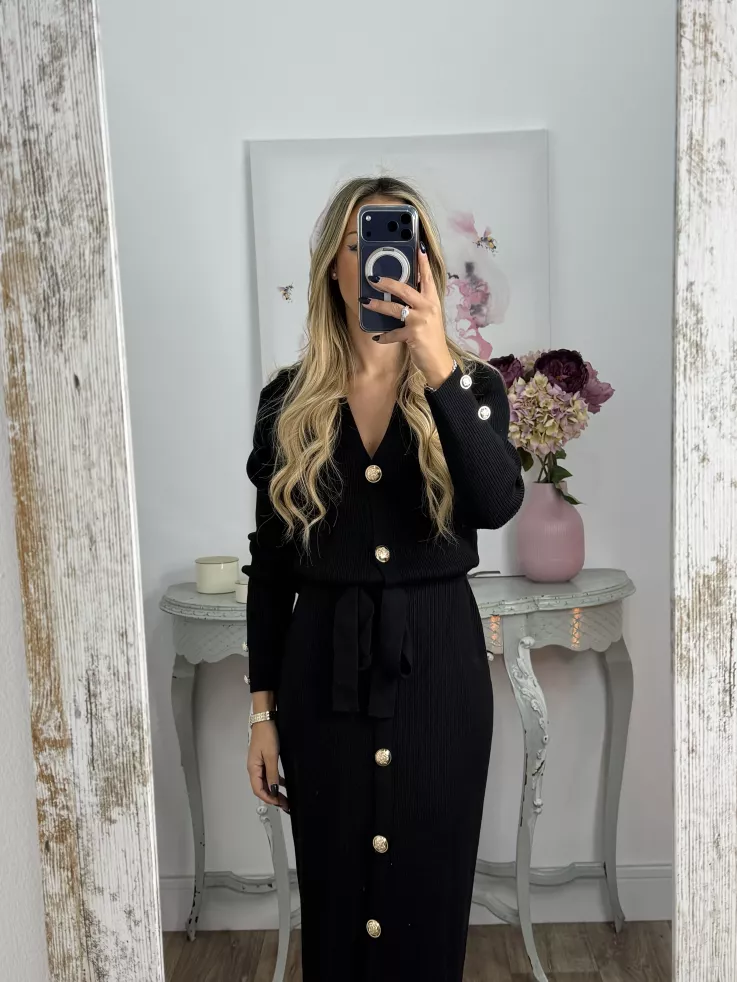 Vestido punto negro largo botones