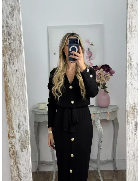 Vestido punto negro largo botones