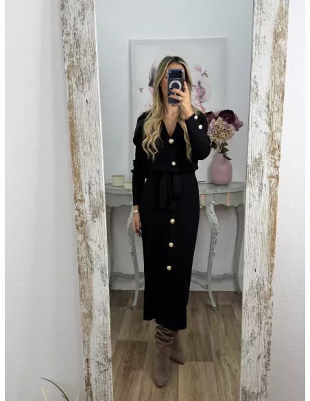 Vestido punto negro largo botones