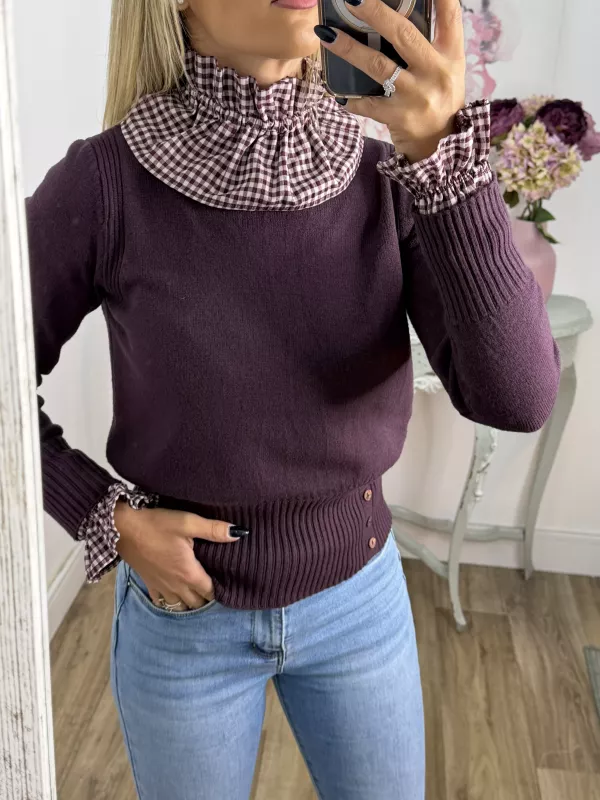 Puños y cuello vichy burdeos