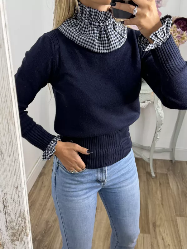 Puños y cuello vichy azul marino