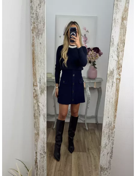 Falda de punto con botones azul marino