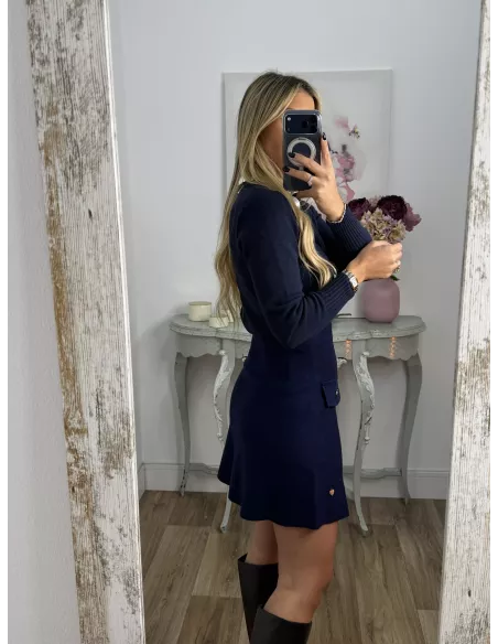 Falda de punto con botones azul marino