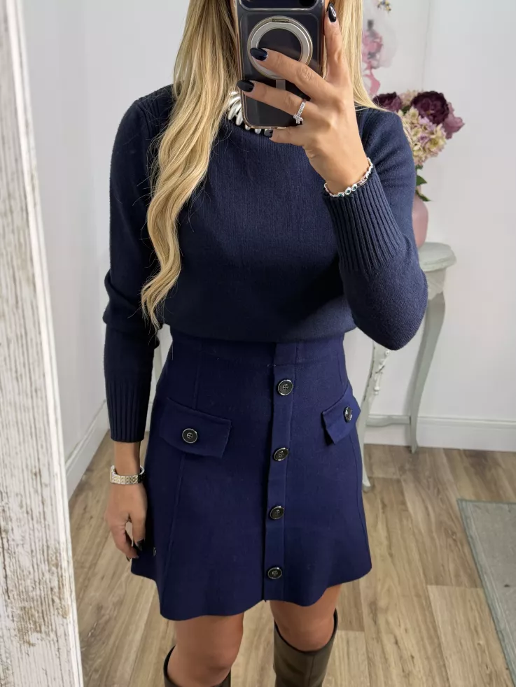 Falda de punto con botones azul marino