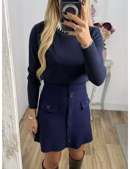 Falda de punto con botones azul marino