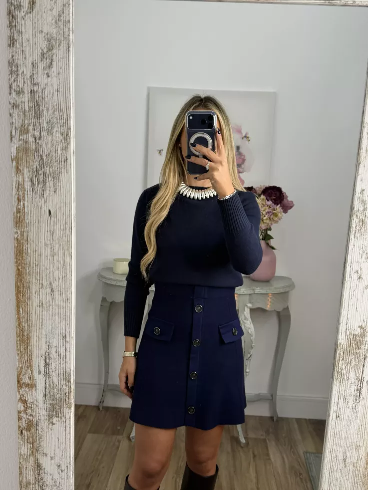 Falda de punto con botones azul marino