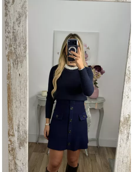 Falda de punto con botones azul marino