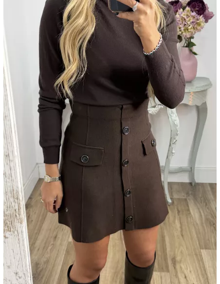 Falda de punto con botones choco